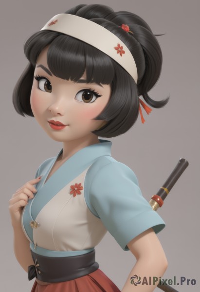 1girl,solo,breasts,looking at viewer,blush,smile,short hair,bangs,skirt,simple background,black hair,hair ornament,brown eyes,upper body,ponytail,weapon,short sleeves,small breasts,parted lips,japanese clothes,sword,grey background,nail polish,lips,sash,makeup,headband,red skirt,hand on own chest,red nails,red lips,hairband,kimono,fingernails,eyelashes,thick eyebrows,lipstick,staff,freckles,nose