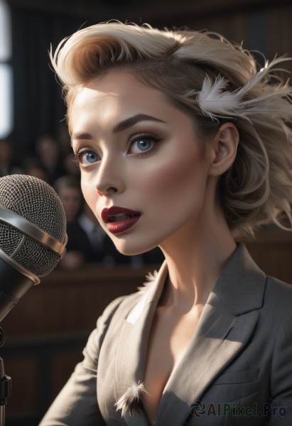 1girl,solo,breasts,looking at viewer,short hair,open mouth,blue eyes,blonde hair,hair ornament,cleavage,jewelry,collarbone,jacket,upper body,small breasts,parted lips,teeth,indoors,necklace,blurry,lips,eyelashes,makeup,depth of field,blurry background,formal,suit,feathers,lipstick,microphone,realistic,music,red lips,feather hair ornament,singing,microphone stand,holding,medium breasts,earrings,sunlight,nose