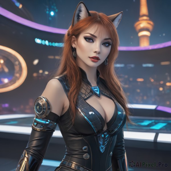 1girl,solo,long hair,breasts,looking at viewer,bangs,large breasts,brown hair,gloves,animal ears,cleavage,bare shoulders,brown eyes,jewelry,medium breasts,upper body,earrings,parted lips,detached sleeves,black gloves,elbow gloves,cat ears,orange hair,blurry,lips,clothing cutout,makeup,blurry background,cleavage cutout,lipstick,eyeshadow,red lips,eyeliner,braid,belt,artist name,animal ear fluff,fox ears,fox girl,extra ears,science fiction,realistic,nose,mascara