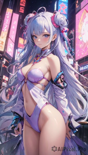 1girl,solo,long hair,breasts,looking at viewer,blush,bangs,blue eyes,large breasts,hair ornament,long sleeves,navel,cleavage,bare shoulders,jewelry,medium breasts,very long hair,closed mouth,blue hair,standing,swimsuit,ahoge,white hair,thighs,cowboy shot,earrings,outdoors,detached sleeves,stomach,hair bun,nail polish,leotard,clothing cutout,double bun,detached collar,night,highleg,revealing clothes,highleg leotard,blue nails,white leotard,navel cutout,gloves,ribbon,holding,hair ribbon,wide sleeves,fingerless gloves,red ribbon,groin,skindentation,adapted costume