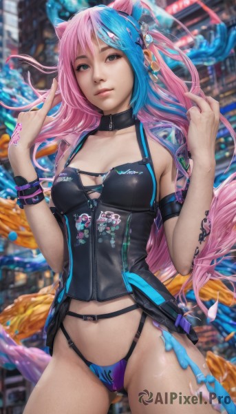 1girl,solo,long hair,breasts,looking at viewer,blue eyes,navel,animal ears,cleavage,jewelry,medium breasts,underwear,blue hair,panties,pink hair,multicolored hair,cowboy shot,choker,cat ears,blurry,collar,bracelet,two-tone hair,lips,streaked hair,tattoo,blurry background,ass visible through thighs,realistic,hair ornament,swimsuit,bikini,watermark,armband,web address,middle finger