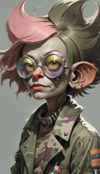 1girl,solo,looking at viewer,short hair,simple background,shirt,jewelry,closed mouth,jacket,yellow eyes,upper body,pink hair,male focus,multicolored hair,earrings,parted lips,green hair,glasses,teeth,pointy ears,grey background,collar,two-tone hair,lips,military,eyelashes,makeup,colored skin,piercing,lipstick,goggles,ear piercing,androgynous,spikes,green jacket,nose,round eyewear,green skin,camouflage,mohawk,patch,brown hair,black hair,artist name