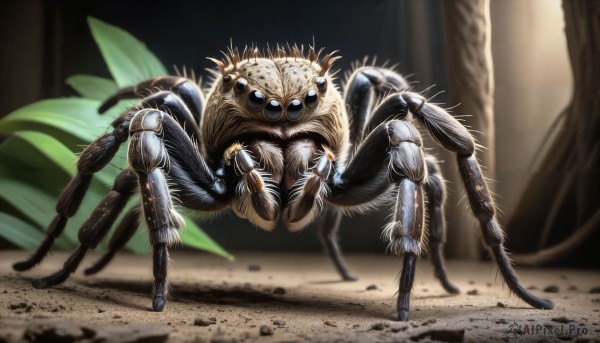 HQ,looking at viewer,blue eyes,standing,full body,outdoors,blurry,no humans,blurry background,bug,plant,claws,monster,realistic,extra eyes,arthropod girl,spider,tree,glowing,animal,size difference,extra arms,multiple legs