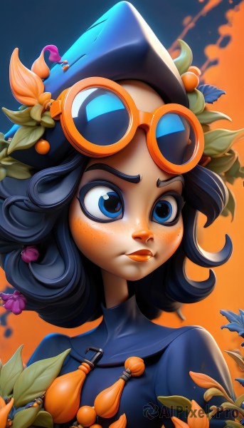 1girl,solo,breasts,blush,short hair,blue eyes,black hair,hair ornament,hat,closed mouth,upper body,flower,artist name,hair flower,lips,eyelashes,makeup,leaf,watermark,lipstick,goggles,tassel,web address,eyeshadow,freckles,goggles on head,sunset,nose,dress,sky,blue dress,sunglasses,plant,eyewear on head,curly hair,orange background,tinted eyewear