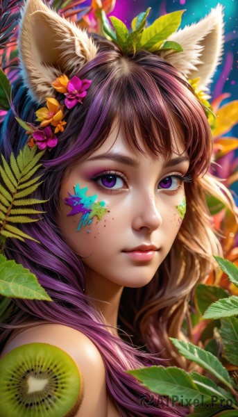 1girl,solo,long hair,looking at viewer,bangs,brown hair,hair ornament,animal ears,bare shoulders,closed mouth,purple eyes,upper body,purple hair,flower,multicolored hair,artist name,cat ears,hair flower,blurry,from side,lips,animal ear fluff,fox ears,eyelashes,gradient hair,makeup,leaf,facial mark,plant,lipstick,portrait,eyeshadow,freckles,pink lips,nose,red lips,eyeliner,facepaint,mascara,food,fruit,orange (fruit),orange slice,kiwi (fruit)