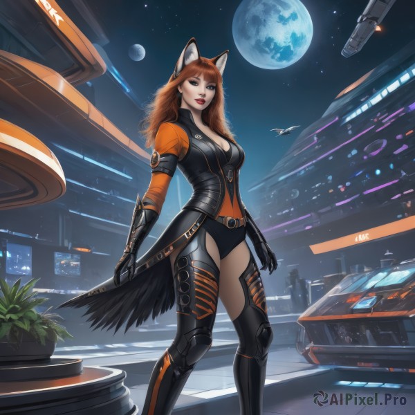 1girl,solo,long hair,breasts,looking at viewer,bangs,large breasts,brown hair,thighhighs,gloves,animal ears,cleavage,brown eyes,medium breasts,standing,tail,parted lips,belt,orange hair,lips,fox ears,bodysuit,makeup,night,fox tail,moon,plant,star (sky),full moon,science fiction,city,potted plant,space,planet,spacecraft,red hair,sky,fake animal ears,lipstick,fox girl,extra ears,realistic