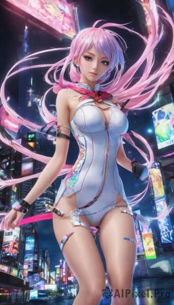 1girl,solo,long hair,breasts,looking at viewer,smile,blue eyes,large breasts,gloves,cleavage,bare shoulders,jewelry,medium breasts,very long hair,standing,pink hair,black gloves,leotard,lips,clothing cutout,covered navel,tattoo,thigh strap,night,ass visible through thighs,cleavage cutout,building,zipper,city,white leotard,cityscape,skyscraper,bangs,closed mouth,thighs,aqua eyes,armlet,science fiction,cyberpunk,neon lights