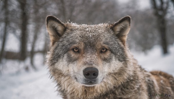 looking at viewer, outdoors, blurry, no humans, blurry background, animal, snow, realistic, animal focus