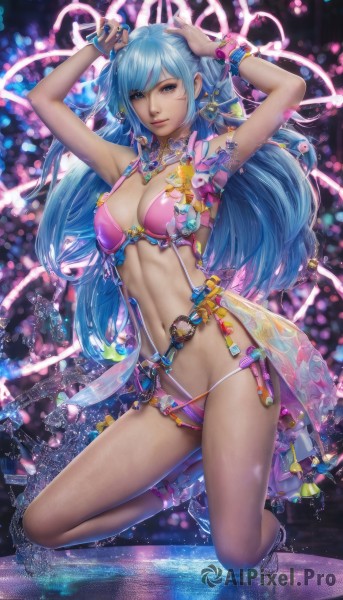 1girl,solo,long hair,breasts,looking at viewer,smile,bangs,blue eyes,large breasts,navel,cleavage,jewelry,medium breasts,blue hair,swimsuit,bikini,earrings,armpits,necklace,nail polish,arms up,bracelet,lips,kneeling,realistic,full body,belt,chain,watermark,ring,web address,anklet,pink bikini