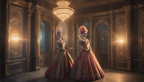 breasts,looking at viewer,short hair,blue eyes,multiple girls,gloves,long sleeves,dress,2girls,cleavage,bare shoulders,jewelry,medium breasts,blue hair,standing,pink hair,red hair,alternate costume,black gloves,elbow gloves,indoors,white dress,window,strapless,mask,formal,red dress,own hands together,strapless dress,long dress,gown,chandelier,hat,closed eyes,feathers,hair up