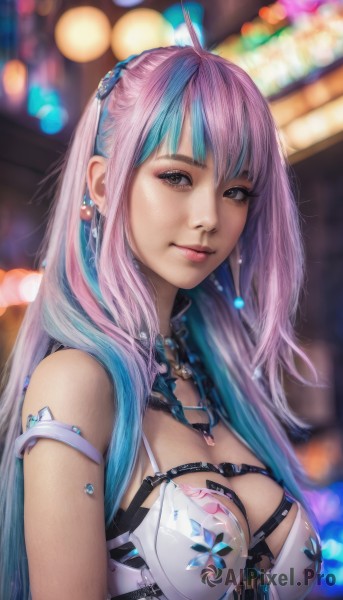 1girl,solo,long hair,breasts,looking at viewer,smile,bangs,large breasts,hair ornament,cleavage,bare shoulders,brown eyes,jewelry,medium breasts,closed mouth,blue hair,upper body,pink hair,purple hair,ahoge,multicolored hair,earrings,blurry,two-tone hair,lips,streaked hair,depth of field,blurry background,realistic,nose,virtual youtuber,necklace,makeup,armlet