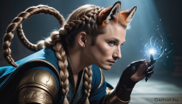 1girl,solo,long hair,blue eyes,blonde hair,brown hair,gloves,1boy,animal ears,jewelry,upper body,braid,male focus,earrings,cat ears,hand up,cape,armor,blurry,twin braids,from side,lips,profile,blurry background,gauntlets,realistic,nose,fantasy,magic,stud earrings,multiple braids,tail,fingernails,facial hair,extra ears