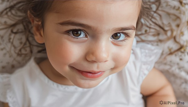 1girl,solo,looking at viewer,smile,brown hair,dress,brown eyes,parted lips,sleeveless,white dress,blurry,lips,blurry background,from above,looking up,close-up,forehead,realistic,short hair,shirt,closed mouth,white shirt,eyelashes,portrait