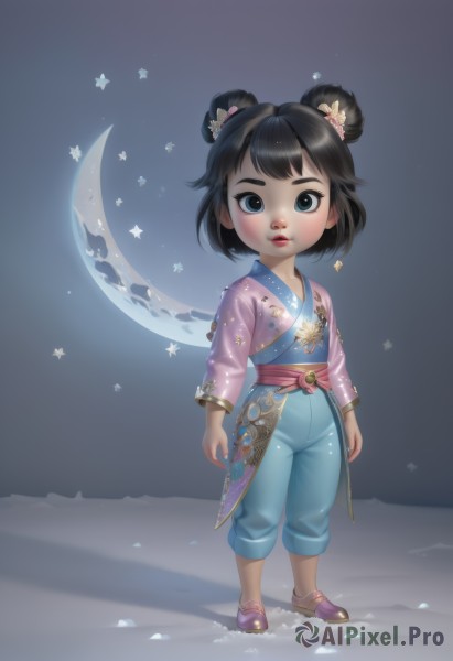 1girl,solo,looking at viewer,blush,short hair,bangs,blue eyes,black hair,hair ornament,long sleeves,jewelry,closed mouth,standing,full body,flower,shoes,pants,hair flower,hair bun,star (symbol),black eyes,lips,sash,double bun,chinese clothes,moon,crescent,child,female child,crescent moon,shadow,pink footwear