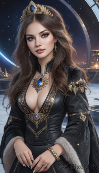 1girl,solo,long hair,breasts,looking at viewer,large breasts,brown hair,long sleeves,dress,cleavage,brown eyes,jewelry,medium breasts,earrings,parted lips,sky,choker,signature,wide sleeves,necklace,nail polish,black dress,bracelet,lips,fur trim,window,makeup,night,wavy hair,ring,tiara,crown,gem,star (sky),night sky,starry sky,gold trim,nose,red lips,blue gemstone,upper body,fingernails,lipstick,eyeshadow,long fingernails,realistic