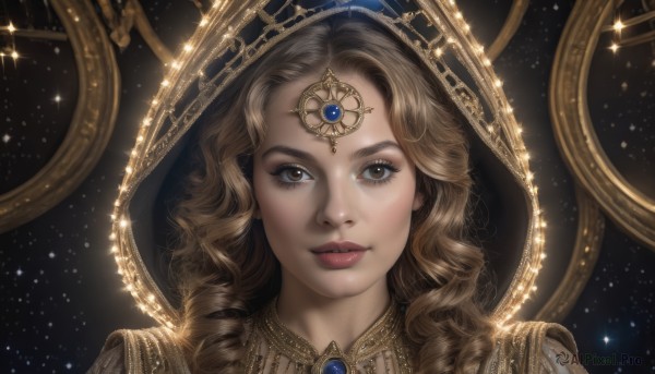 1girl,solo,long hair,looking at viewer,smile,blonde hair,brown hair,brown eyes,jewelry,closed mouth,parted lips,star (symbol),lips,eyelashes,sparkle,makeup,drill hair,gem,portrait,star (sky),curly hair,realistic,nose,red lips,starry background,gold,constellation,black background