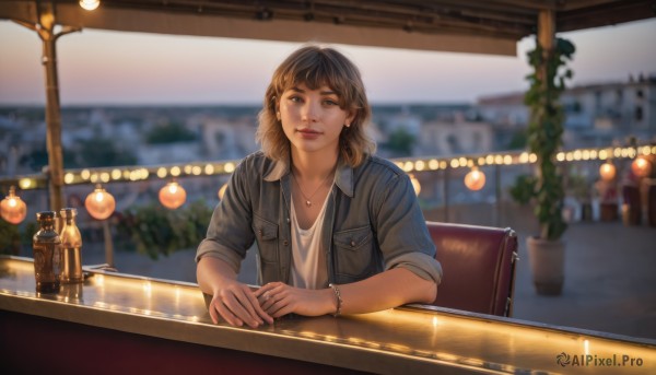 1girl,solo,looking at viewer,smile,short hair,bangs,brown hair,shirt,brown eyes,jewelry,sitting,closed mouth,jacket,white shirt,upper body,earrings,outdoors,open clothes,indoors,medium hair,necklace,blurry,bracelet,open jacket,cup,lips,looking to the side,depth of field,blurry background,chair,table,bottle,plant,denim,sleeves rolled up,pocket,realistic,potted plant,lamp,restaurant,cafe,denim jacket,long hair,parted lips,collared shirt,mole,night,blue jacket,instrument,reflection,watch,wristwatch,bokeh,pearl necklace,lights,mole above mouth