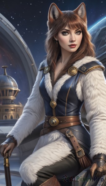 1girl,solo,long hair,breasts,looking at viewer,bangs,brown hair,gloves,long sleeves,animal ears,cleavage,brown eyes,jewelry,medium breasts,sitting,weapon,earrings,boots,sky,belt,pants,sword,artist name,mole,lips,coat,fur trim,makeup,night,lipstick,star (sky),night sky,brown gloves,starry sky,red lips,outdoors,wolf ears