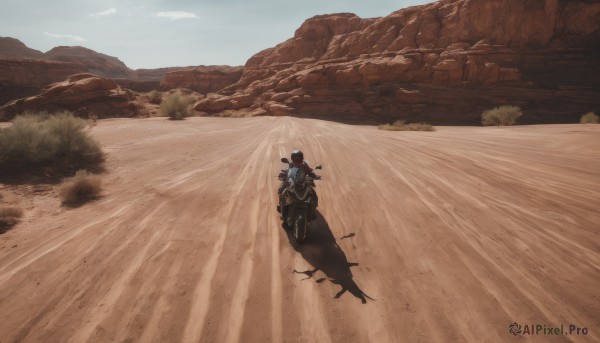 1girl,solo,1boy,outdoors,sky,day,from behind,tree,bird,animal,ground vehicle,scenery,mountain,sand,road,riding,horse,landscape,ambiguous gender,desert,horseback riding,cloud,blue sky,helmet,motor vehicle,motorcycle