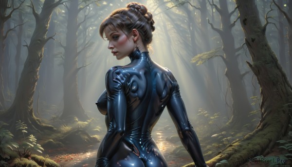 1girl,solo,breasts,looking at viewer,blush,short hair,blue eyes,blonde hair,large breasts,brown hair,medium breasts,ass,braid,outdoors,parted lips,shiny,looking back,hair bun,from behind,covered nipples,tree,lips,bodysuit,nature,skin tight,french braid,forest,shiny clothes,black bodysuit,latex,latex bodysuit,jewelry,earrings,profile,makeup,back,single hair bun,lipstick,realistic,nose,impossible bodysuit