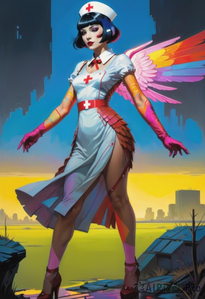 1girl,solo,breasts,looking at viewer,short hair,bangs,black hair,gloves,hat,dress,medium breasts,standing,purple eyes,full body,pink hair,short sleeves,pantyhose,multicolored hair,small breasts,wings,puffy sleeves,pink eyes,white dress,high heels,lips,blood,makeup,bob cut,cross,lipstick,feathered wings,side slit,nurse cap,nurse,pink gloves,red cross,pink wings,red eyes,ribbon,outdoors,parted lips,sky,shoes,elbow gloves,blunt bangs,black footwear,red ribbon,puffy short sleeves,eyelashes,tattoo,neck ribbon,detached collar,watermark,grass,building,eyeshadow,long legs,sunset,angel wings,nose,pink footwear,collared dress,red lips,eyeliner,facepaint,multicolored wings