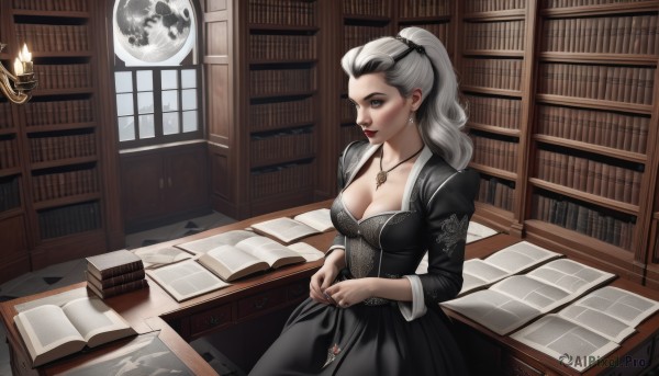 1girl,solo,long hair,breasts,looking at viewer,large breasts,long sleeves,dress,cleavage,jewelry,medium breasts,standing,collarbone,ponytail,white hair,grey hair,multicolored hair,earrings,puffy sleeves,indoors,necklace,nail polish,black dress,lips,grey eyes,book,window,makeup,ring,lipstick,juliet sleeves,pendant,eyeshadow,paper,open book,bookshelf,red lips,candle,hair pulled back,book stack,library,quill,candlestand,globe,inkwell,blue eyes,artist name,two-tone hair,watermark,moon,web address,realistic