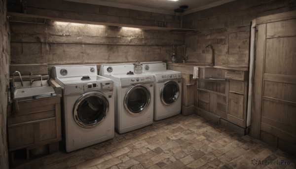 indoors,no humans,scenery,door,sink,industrial pipe,faucet,crate,washing machine,window,shadow,wooden floor,stairs,tiles,light,wall,kitchen,floor,still life,cabinet,stove