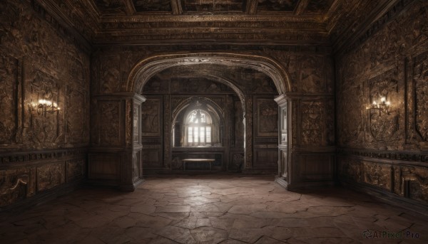 day,indoors,no humans,window,chair,sunlight,scenery,light rays,wooden floor,stairs,door,light,candle,architecture,pillar,ceiling,hallway,church,arch,chandelier,stone floor,wall,candlestand,gate,column,brick floor