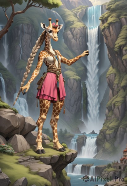 1girl,solo,long hair,skirt,blonde hair,animal ears,jewelry,very long hair,standing,full body,braid,outdoors,day,water,necklace,twin braids,tree,single braid,mask,grass,monster girl,nature,claws,furry,pink skirt,rock,fantasy,furry female,river,waterfall,snout,cliff,moss,tribal,breasts,looking at viewer,tail,artist name,scenery,antlers,bridge,leopard print,hooves,deer