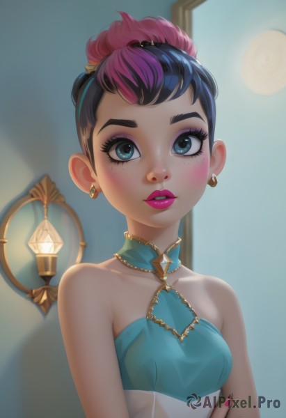 1girl,solo,breasts,looking at viewer,blush,short hair,blue eyes,black hair,hair ornament,bare shoulders,jewelry,collarbone,upper body,pink hair,purple hair,multicolored hair,earrings,small breasts,parted lips,teeth,artist name,nail polish,two-tone hair,lips,fingernails,see-through,bare arms,eyelashes,makeup,halterneck,lipstick,gem,pink nails,eyeshadow,freckles,mirror,pink lips,nose,eyeliner,mascara,bangs,brown hair,dress,sleeveless,indoors,hair bun,gradient hair,blue dress,watermark,single hair bun,web address,lamp,aqua dress