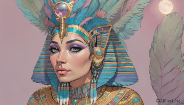 1girl,solo,looking at viewer,black hair,hair ornament,jewelry,green eyes,parted lips,dark skin,dark-skinned female,lips,eyelashes,makeup,moon,feathers,lipstick,head wings,gem,portrait,full moon,eyeshadow,nose,headdress,eyeliner,mascara,egyptian,egyptian clothes,short hair,simple background,sky,realistic,feather hair ornament