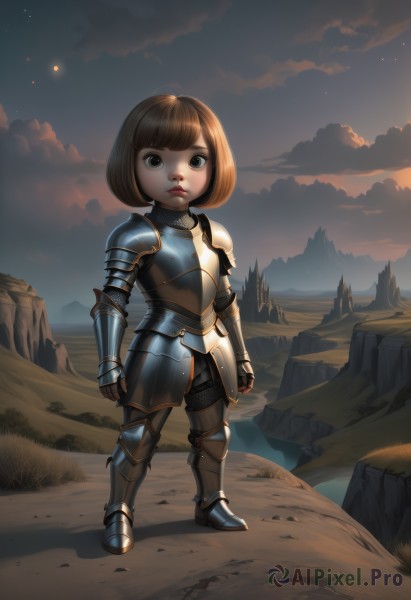 1girl,solo,looking at viewer,short hair,bangs,brown hair,brown eyes,closed mouth,standing,full body,boots,outdoors,sky,cloud,blunt bangs,armor,black eyes,lips,night,bob cut,cloudy sky,shoulder armor,gauntlets,child,star (sky),clenched hands,starry sky,pauldrons,sunset,breastplate,rock,mountain,red lips,female child,armored boots,greaves,faulds,knight,chainmail,plate armor,arms at sides,full armor