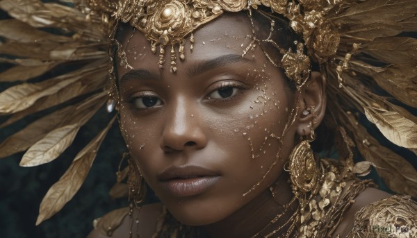 1girl,solo,looking at viewer,brown hair,black hair,hair ornament,jewelry,closed mouth,earrings,parted lips,dark skin,necklace,mole,blurry,black eyes,dark-skinned female,lips,eyelashes,mole under eye,piercing,feathers,portrait,close-up,freckles,circlet,realistic,nose,headdress,feather hair ornament,gold,very dark skin,chain,gem,gold chain