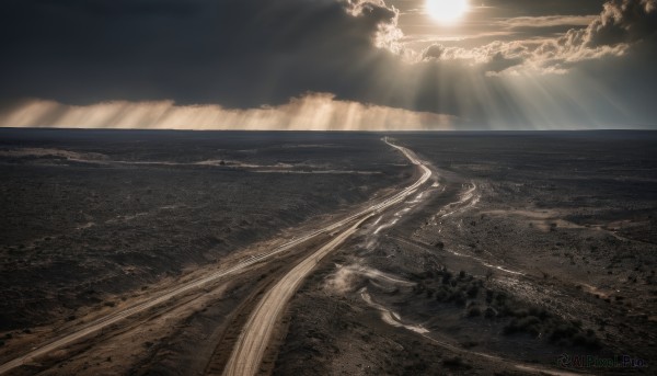 monochrome,outdoors,sky,cloud,water,no humans,ocean,beach,sunlight,cloudy sky,scenery,sunset,light rays,sand,sun,horizon,sunbeam,waves,landscape,brown theme,day,road,shore,desert