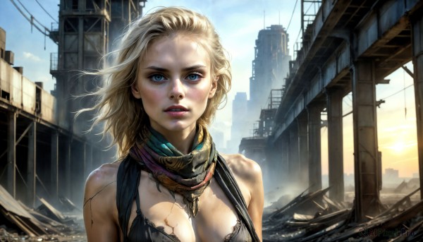 HQ,1girl,solo,long hair,breasts,looking at viewer,short hair,blue eyes,blonde hair,large breasts,cleavage,bare shoulders,jewelry,medium breasts,underwear,upper body,outdoors,parted lips,sky,day,bra,lips,sunlight,building,science fiction,city,realistic,nose,ruins,necklace,scarf,makeup,wind,veins,cityscape,dirty,damaged,dirty face