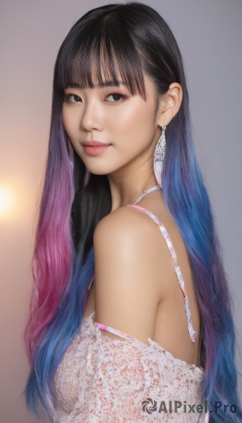 1girl,solo,long hair,breasts,looking at viewer,smile,bangs,black hair,bare shoulders,brown eyes,jewelry,medium breasts,closed mouth,underwear,blue hair,upper body,pink hair,multicolored hair,earrings,blunt bangs,off shoulder,bra,black eyes,from side,two-tone hair,lips,looking to the side,gradient hair,lingerie,lace,white bra,realistic,pink bra,nose,simple background,necklace