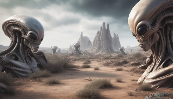 outdoors,multiple boys,sky,cloud,no humans,cloudy sky,scenery,science fiction,monster,mountain,realistic,giant,multiple others,alien,desert,dust,day,tentacles,rock