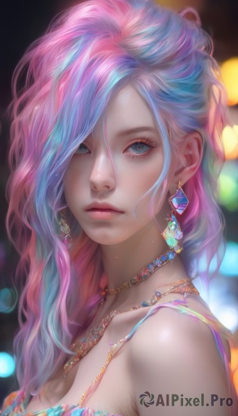 1girl,solo,long hair,breasts,looking at viewer,bangs,blue eyes,cleavage,bare shoulders,jewelry,medium breasts,closed mouth,blue hair,upper body,pink hair,multicolored hair,earrings,necklace,blurry,from side,two-tone hair,lips,eyelashes,makeup,depth of field,blurry background,gem,portrait,eyeshadow,realistic,nose,mascara,artist name,hair over one eye,watermark,wavy hair,web address,freckles