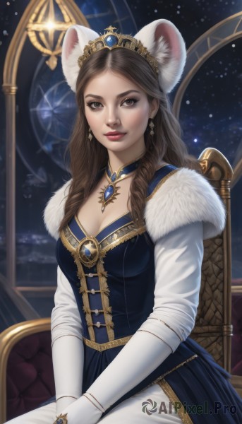 1girl,solo,long hair,breasts,looking at viewer,smile,brown hair,gloves,long sleeves,dress,animal ears,cleavage,brown eyes,jewelry,medium breasts,sitting,earrings,choker,indoors,white gloves,necklace,lips,fur trim,makeup,blue dress,watermark,chair,tiara,crown,gem,star (sky),pendant,gold trim,realistic,mouse ears,hands on lap,braid,elbow gloves,animal ear fluff,fake animal ears,ring,own hands together,lipstick,red lips,throne