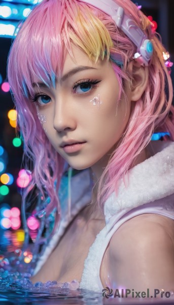 1girl,solo,long hair,breasts,looking at viewer,bangs,blue eyes,blonde hair,cleavage,bare shoulders,medium breasts,closed mouth,upper body,pink hair,multicolored hair,water,blurry,two-tone hair,lips,wet,fur trim,eyelashes,gradient hair,makeup,depth of field,blurry background,headgear,partially submerged,science fiction,realistic,nose,cyberpunk,hairband,from side,facial mark,portrait,rain,water drop,bokeh