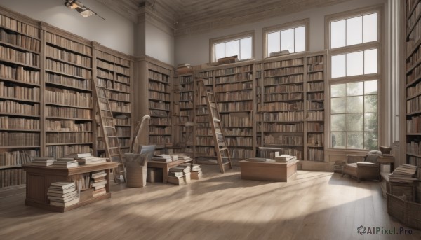 day,indoors,tree,book,no humans,window,shadow,chair,table,sunlight,curtains,box,scenery,wooden floor,bookshelf,lamp,shelf,book stack,library,ladder,desk,ceiling