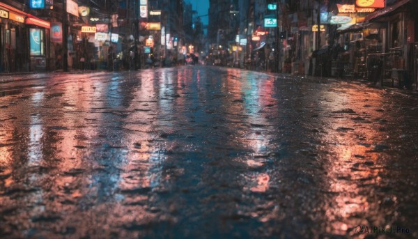 A street portrayed in a vivid rainy outdoors
