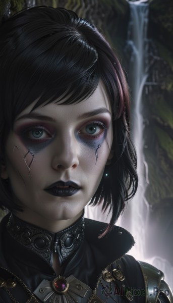 1girl,solo,looking at viewer,short hair,bangs,blue eyes,black hair,jewelry,closed mouth,green eyes,earrings,water,armor,blurry,lips,makeup,blurry background,swept bangs,bob cut,lipstick,brooch,gem,portrait,eyeshadow,realistic,nose,eyeliner,facepaint,waterfall,black lips,parted lips,artist name,eyelashes,piercing,nose piercing