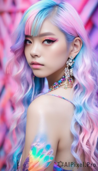 1girl,solo,long hair,looking at viewer,bangs,blue eyes,bare shoulders,jewelry,closed mouth,blue hair,upper body,pink hair,multicolored hair,earrings,necklace,blurry,from side,two-tone hair,lips,eyelashes,gradient hair,makeup,depth of field,blurry background,watermark,wavy hair,lipstick,gem,web address,eyeshadow,crystal,pink lips,realistic,nose,eyeliner,mascara,looking back,artist name,blunt bangs,pearl (gemstone)