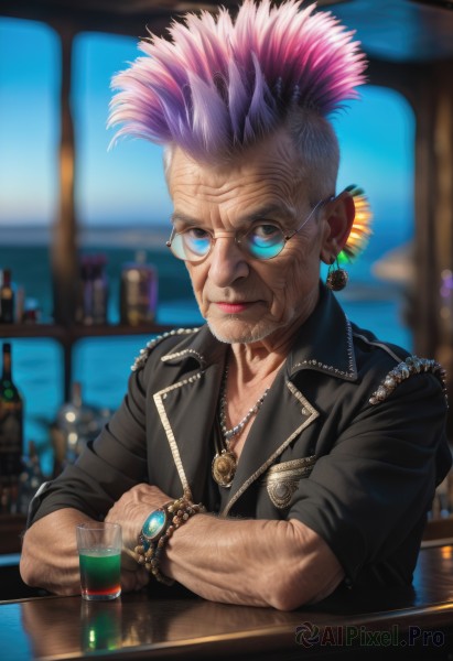 solo,looking at viewer,blue eyes,shirt,1boy,jewelry,closed mouth,jacket,upper body,pink hair,purple hair,male focus,multicolored hair,earrings,glasses,indoors,necklace,blurry,bracelet,two-tone hair,cup,lips,black jacket,depth of field,blurry background,facial hair,piercing,sunglasses,bottle,ear piercing,beard,alcohol,drinking glass,zipper,watch,realistic,round eyewear,drink,stubble,glass,wristwatch,leather,old,old man,leather jacket,bar (place),arm hair,mohawk,wrinkled skin,aviator sunglasses