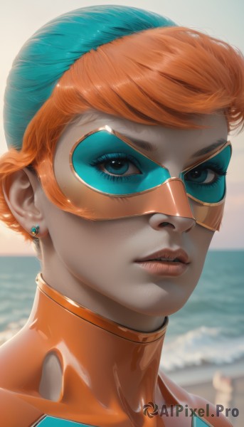 1girl,solo,looking at viewer,short hair,bangs,blue eyes,jewelry,multicolored hair,earrings,outdoors,parted lips,shiny,water,orange hair,blurry,lips,eyelashes,bodysuit,makeup,blurry background,ocean,watermark,beach,sunglasses,goggles,portrait,realistic,nose,tinted eyewear,sky,day,artist name,signature,two-tone hair,aqua hair,swept bangs,lipstick,eyeshadow,eyeliner,mascara,blue-tinted eyewear