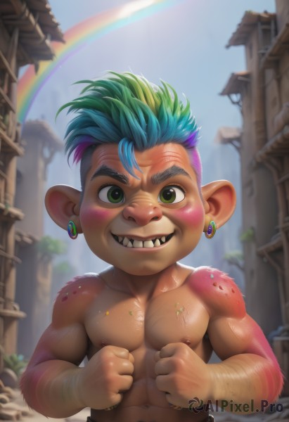 solo,looking at viewer,blush,smile,short hair,1boy,navel,animal ears,jewelry,nipples,green eyes,blue hair,upper body,male focus,multicolored hair,earrings,outdoors,green hair,sky,teeth,day,pointy ears,belt,grin,blurry,muscular,blurry background,piercing,abs,thick eyebrows,pectorals,muscular male,child,bara,furry,clenched hands,freckles,topless male,male child,rainbow,dirty,pink hair,artist name,two-tone hair,blue sky,fangs,scar,realistic,furry male,ruins,mohawk