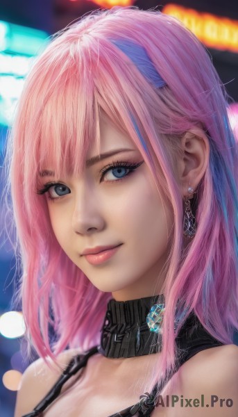 1girl,solo,long hair,breasts,looking at viewer,smile,bangs,blue eyes,cleavage,bare shoulders,jewelry,medium breasts,closed mouth,blue hair,upper body,pink hair,multicolored hair,earrings,choker,blurry,lips,streaked hair,eyelashes,makeup,blurry background,portrait,realistic,nose,hairband,collar,two-tone hair