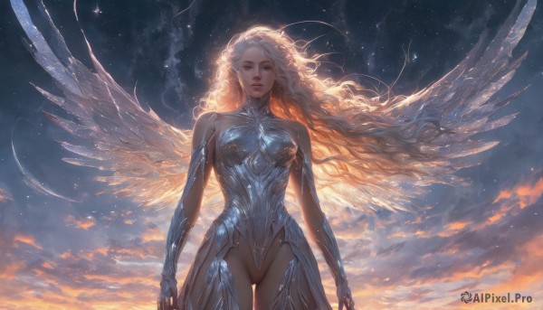 1girl,solo,long hair,breasts,looking at viewer,blue eyes,blonde hair,gloves,bare shoulders,medium breasts,standing,white hair,cowboy shot,outdoors,parted lips,wings,sky,cloud,armor,leotard,lips,bodysuit,floating hair,wavy hair,cloudy sky,star (sky),night sky,feathered wings,starry sky,backlighting,curly hair,sunset,angel wings,realistic,arms at sides,angel,thighhighs,closed mouth,green eyes,groin,eyelashes,turtleneck,thigh gap,wind,skin tight,nose,white wings,showgirl skirt,mascara