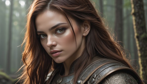 1girl,solo,long hair,looking at viewer,brown hair,brown eyes,upper body,outdoors,parted lips,armor,blurry,lips,eyelashes,depth of field,blurry background,shoulder armor,portrait,nature,close-up,forest,freckles,pauldrons,realistic,nose,plate armor,jewelry,earrings,teeth,forehead,chainmail